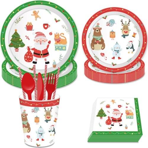 Merry Christmas Santa Claus Dinner Plates Christmas Decorations for Home Disposable Tableware Sets New Years Xmas Party Favors