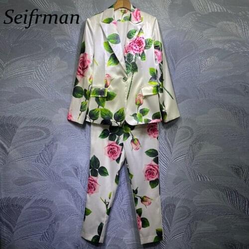Seifrmann Women Summer Fashion Designer Pants Set Long Sleeve Loose Tops + Rose Floral Print Long Pants 2 Two Pieces Suits 2021