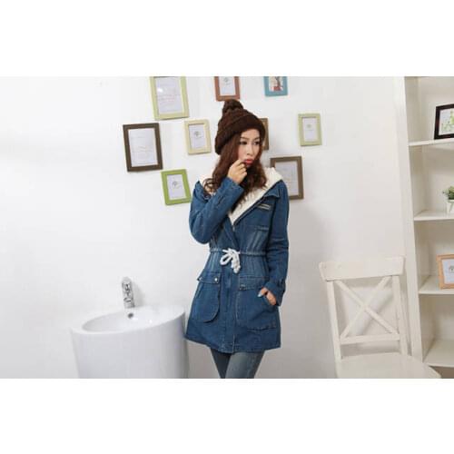 Women fur collar wool liner slim long denim jacket plus size parkas 6093