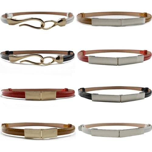 Women Silver Gold Clasp Buckle Skinny Belt Faux Leather Dress Corset Waistband BLTHG0015