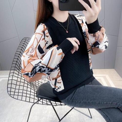 Printed hollow out bat sleeve sweater womens 2021 new autumn Chiffon stitched womens sweater