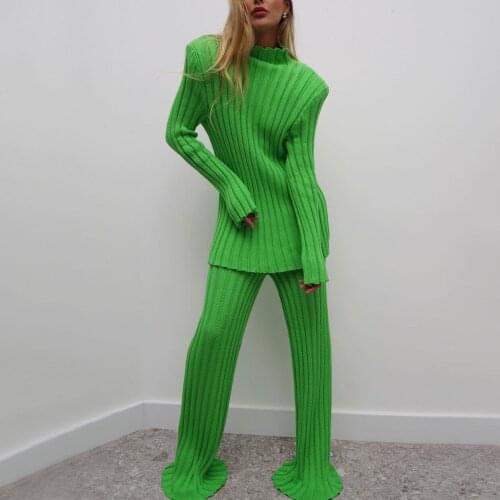2021 Autumn Winter Long Sleeve Sweater Top Green And Pants Knitted Casual Women Two Piece Set Khaki Fashion Suit Brazilian