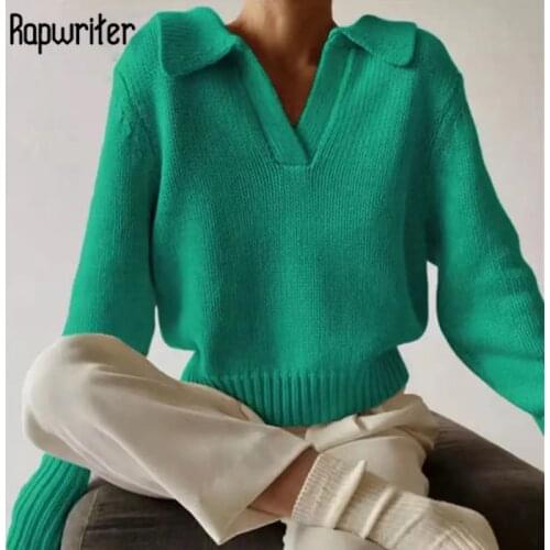 Rapwriter Solid Basic Crop Sweater Harajuku Green Knitted Jumper 90s Winter V Neck Pullover Women Casual Long Sleeve Sweater