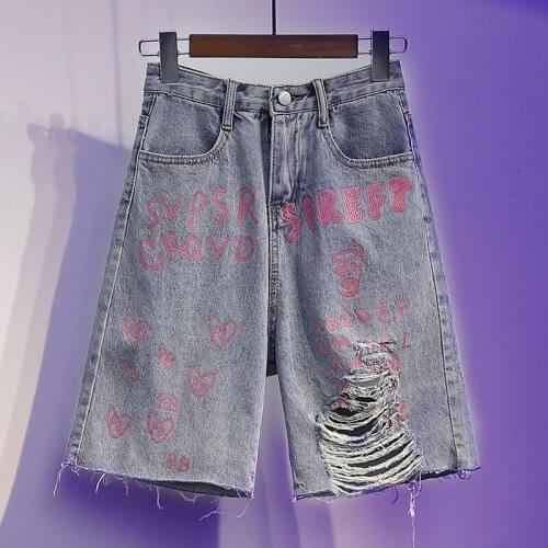 2021 Summer Denim Shorts Women Letter Print Fashion Knee Length Shorts Female Loose Plus Size 5XL High Waist Ripped Jeans Shorts