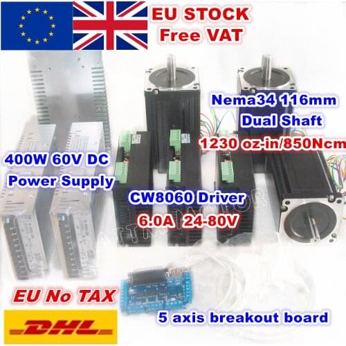 3 Axis Nema34 116mm Dual Shaft Stepper Motor 1230oz-in 5A+Driver 6A/80V 256 Microstep+400W Power Supply for CNC Router