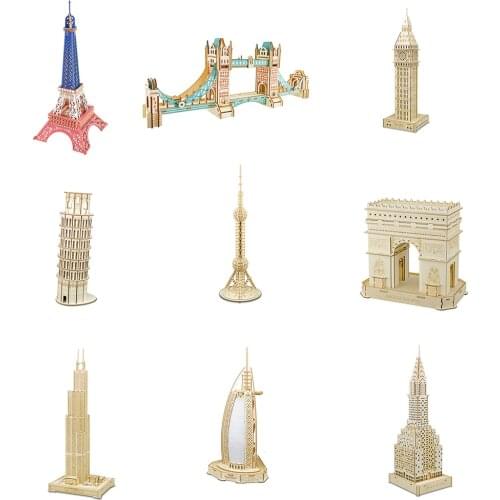 Laser Cutting Construction Wood 3D Puzzle Eiffel London Bridge Tower of Pisa Dubai Himeji Castle Model Adult Kid Educational Toy
