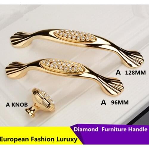 96mm 128mm european fashion luxury K gold diamond kitchen cabinet wardrobe door handle rhinestone drawer Tv cabinet knob pull 5"