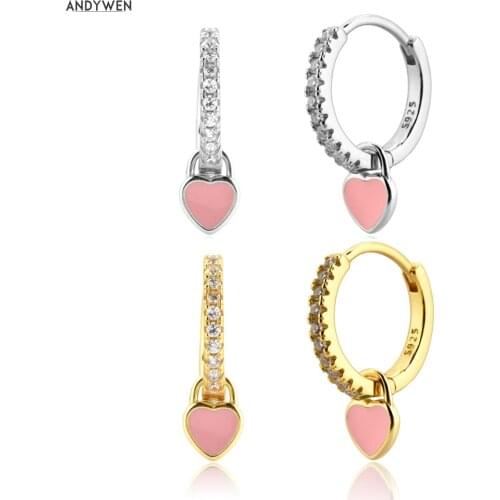ANDYWEN 925 Sterling Silver Pink Heart Enamel Piercing Pendiente Drop Earring Ciecle Trends Zrcon CZ Crystal Fine Jewelry