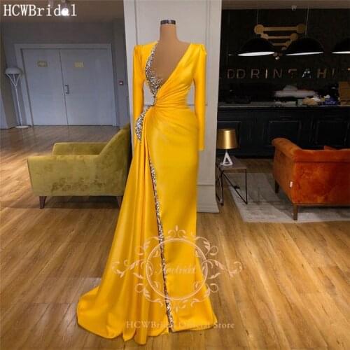 Customize Yellow Gold Long Sleeves Arabic Evening Dress Crystal Satin Sexy Prom Gowns Plus Size Women Special Occasion Dresses