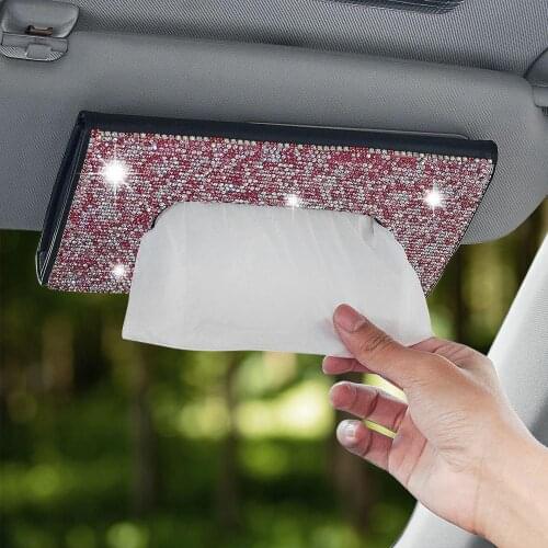 Car Tissue Paper Box Holder PU+Rhinestones Car Sun Visor Hanging Type Tissue Cover Car Accessories