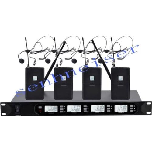 Wireless Microphone System, UHF Dual Channel Wireless Microphone Set with 4 Headsets Microphone