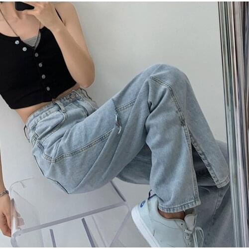 Fashion Y2k Pants High Waist Flare Jeans Womens Pants Mom Ripped Jeans Casual Split Washed Denim Long Trousers Wide Leg Jeans