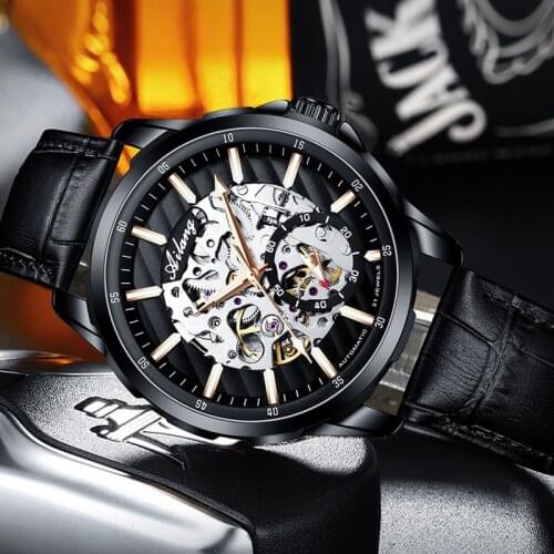 AILANG Mens Watch Automatic Mechanical Stainless Steel Hollow Luxury Casual Fashion Black Dial Sports Waterproof Watch 8650A