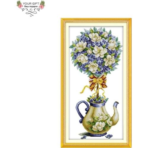 Joy Sunday Magnolia Teapot Home Decoration J282 14CT 11CT Stamped Counted Flowers Embroidery DIY Cross Stitch Kit
