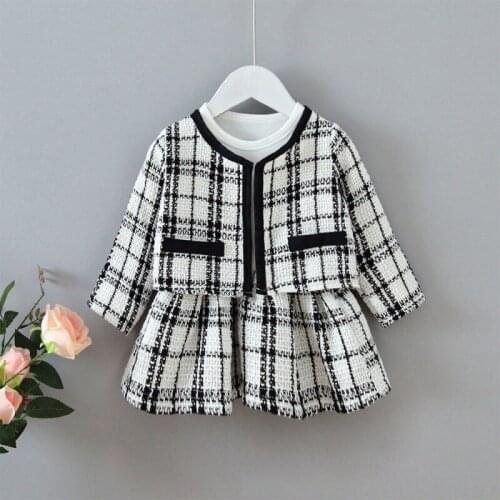 WIND Baby Spring 2 Sets Girls Dress+Plaid Cardigan White anfd Black Long Sleeve Suits Kids Boutique Clothing Wholesale Fashion