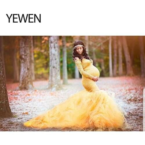 Full Sleeves Maternity Photography Props Long Dress Lace Fancy Pregnancy Dresses Pregnant Women Maxi Gown For Photo Shoots YEWEN