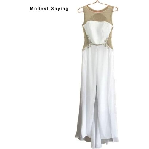 Elegant Backless White Sheath Beaded Wedding Dresses Pants 2017 Ivory Hansome Formal Women Bridal Gowns vestido de festa BSE106