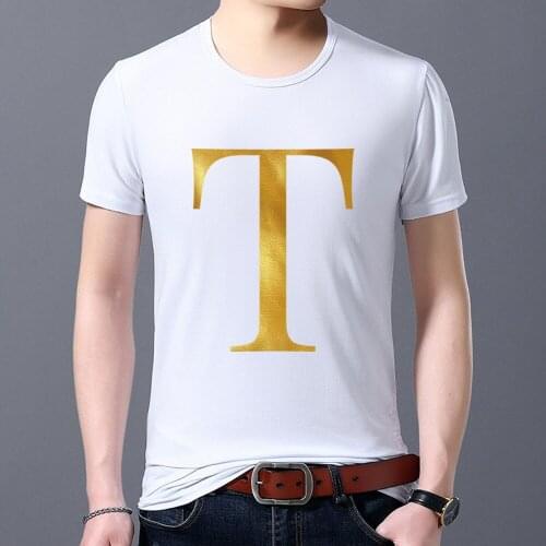 Mens Fashion T-shirt White Slim 26 English T Letter Gold Hot Stamping Basic Top Round Neck Commuter Clothing Soft Short Sleeve
