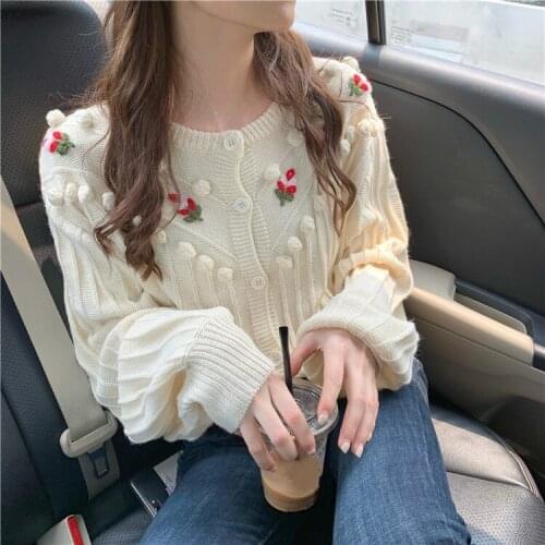 Elegant flower knitted cardigans women preepy style sweet chi short student pull femme o neck patch autumn sweater 46630