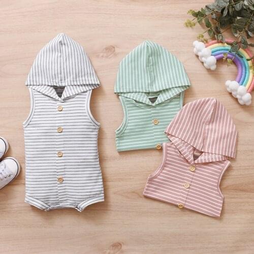 2021-01-04 Lioraitiin 3Colors 0-18M Newborn Infant Baby Boy Girl Summer Fashion Romper Sleeveless Hooded Stirped Jumpsuit Outfit