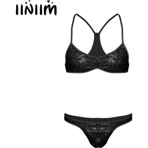 Mens Sexy Lingerie Set Sissy Micro Mini Bikini Swimsuit Sequins Bra Top with Tangas Thong Underwear Gay Crossdressing Nightwear