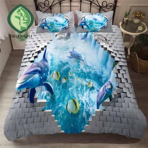 HELENGILI 3D Bedding Set Dolphin Print Duvet Cover Set Bedclothes with Pillowcase Bed Set Home Textiles #YC-154
