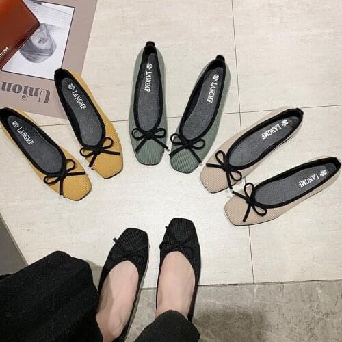 Korean Version Gentle Bow Shallow Lip Ballet Shoes Square Toe Flat Bean Shoes Womens Shoes Soft Soles Womens Shoes