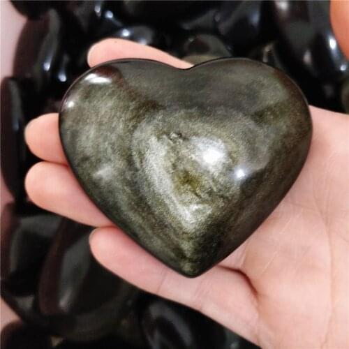 Beautiful Natural Golden Sheen Obsidian Carving Heart Handicraft Palm Stone For Feng Shui
