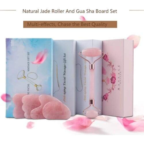 Jade Roller Natural Rose Quartz Guasha Stone Healing Crystal Scraper Set Facial Body Massage Skin Lifting Wrinkle Removal Tools