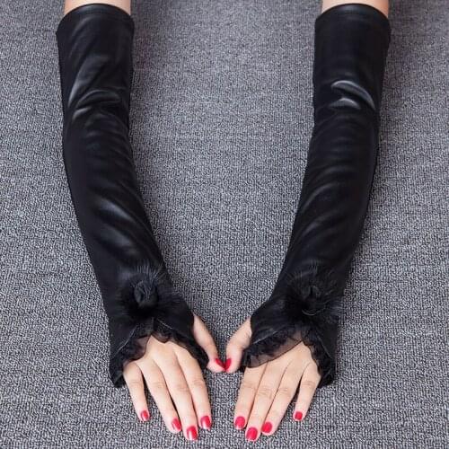 New Sheepskin Gloves Winter Leather Cuff Long Arm Sleeve Half Finger Gloves Lady Leather