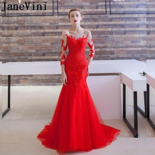 JaneVini Sexy Mermaid Red Bridesmaid Dresses Long Lace Wedding Party Dresses Graduation Open Back Sheer Tulle Sweep Train Gowns