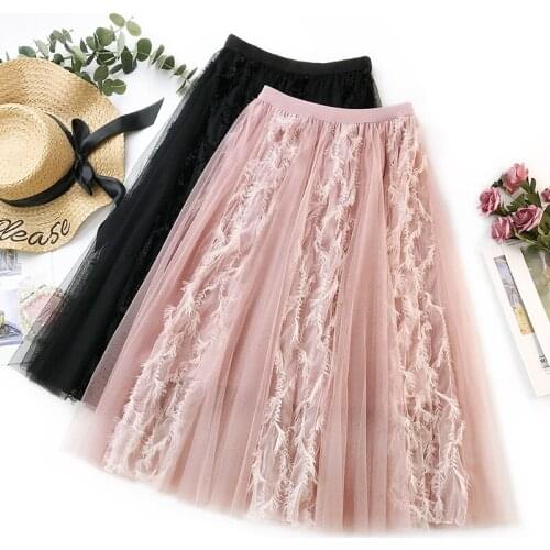Pleated Skirt Womens Long Maxi Tulle Skirts 2021 Elastic High Waist Tutu Skirt Female Sweet Lace splice Pleated Tutu Skirt