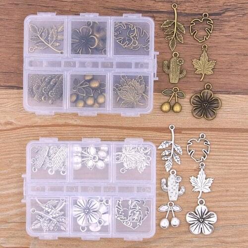 1Set 30Pcs/Lot 2Color 6Styles Leaves Flower Fruit Charm Plant Pendant With Box Material For DIY Jewelry Necklace Bracelet Making