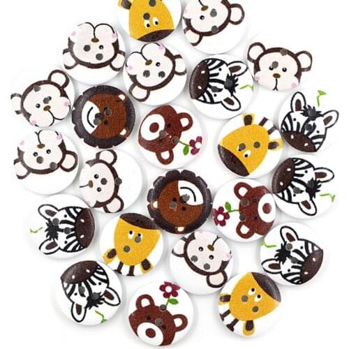 50Pcs Round Wooden Buttons Painted Animal Buttons Decorative Children Clothes Bear Giraffe Monkey Pattern SewButton Scrapbooking