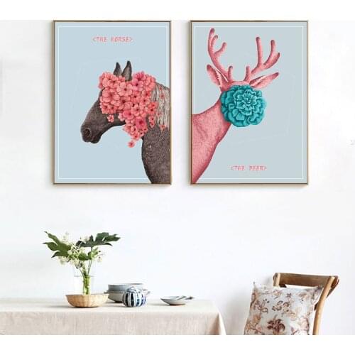 Pink Poster Nursery Flower and Deer Horse Canvas Wall Art Green Print Painting Nordic Picture Decorative Painting Unframed