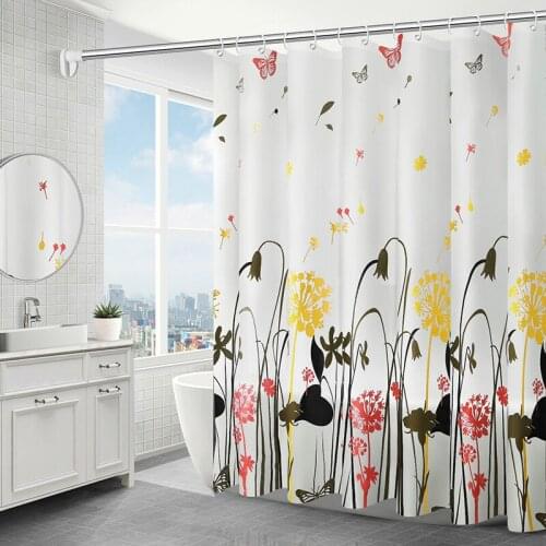 Natural Plant Shower Curtain Set with 12 Hooks Black Flowers and Cat Bathroom Decoration