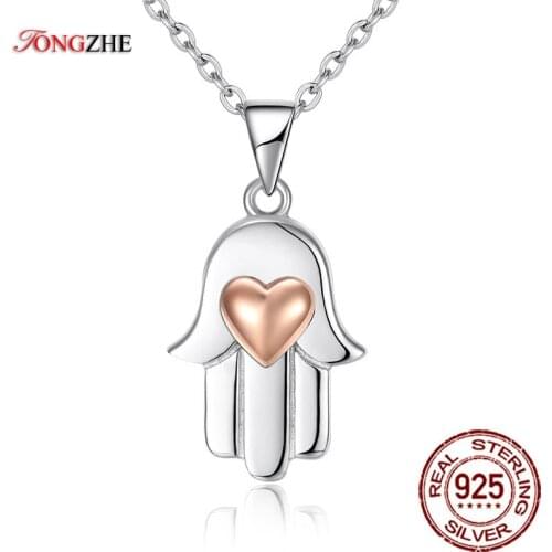 TONGZHE 100% 925 Strerlng Silver Heart Love Pendants&Necklace Lucky Hamsa Gold Color Handmade Women Jewelry Wholesale KLTN075-1