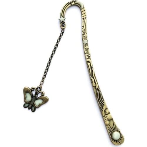 Unique Vintage Metal Bookmark Bronze Star Sun Moon Bookmarks With Flat Butterfly Crystals Healing Stone Beaded Pendant Hairpin