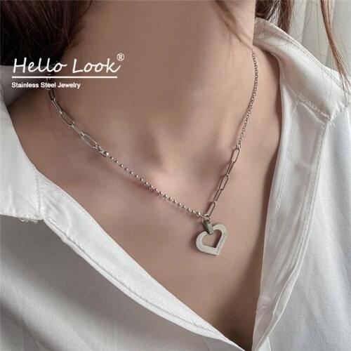 Hellolook Vintage Choker on the Neck for Women Stainless Steel Letter Engraving Hollow Heart Pendant Necklace Jewelry