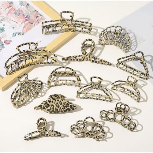 Fashion Leopard Metal Hair Claws Catch Clip Square Cross Triangle Geometric Hair Clip Ponytail Clip Women Girls Hair Accessories