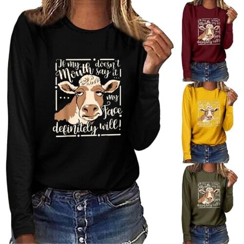 Women T-shirt Long Sleeve O-neck Shirt Cute Cattle Head Printing T-shirt Solid Color All-match Girls Daily Casual Knitted Sleeve