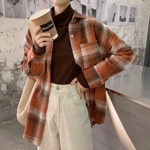 Women Spring Long Sleeve Vintage Plaid Woolen Shirt Coat Plus Size Jacket Single Breasted Turn-down Collar Casual Outwear