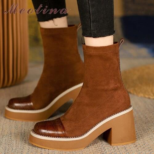 Meotina Genuine Leather Ankle Boots Shoes Women Platform Thick Heel Boots Round Toe High Heel Ladies Footwear Fashion Autumn 39