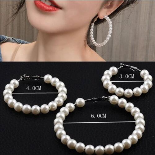 3/4/6cm Elegant White Pearls Earrings Hoop Women Girls Sweet Simulation Pearl Circle Ear Rings Party Jewelry Gift Accessories
