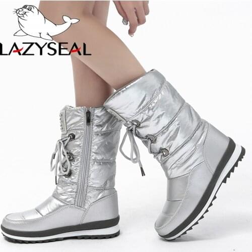LazySeal Mid-Calf Winter Boots Women High Warm Women Snow Boots Plush Warm Shoes Plus size 41 Bling Metal Zip Shoes Female