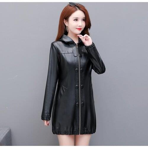 Large Size Leather Coat Women Spring 2021 New Leather Jacket Women Long Slim Motorcycle Leather Clothing Female Coats Black