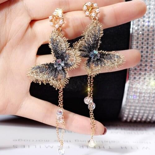 2019 New Fashion Women Pearl Earrings Embroidery Butterfly Crystal Long Tassel Drop Dangle Earrings Jewelry For Girls Gift