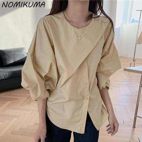 Nomikuma Women Blouses Causal Folds Lantern Sleeve O-neck Shirts 2021 Autumn New Causal Korean Patchwork Blusas Top Mujer 6L364
