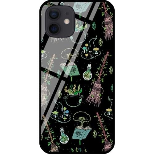 Green Forest Witch Magical Herbs Occult Tempered Glass Case For iPhone 11 Pro Max XS 12 mini SE 7 8 Plus X XR Shell Cover Coque