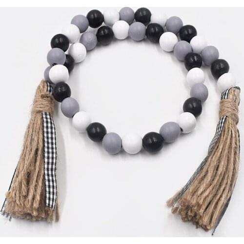 81cm Wood Bead Garland Rustic Farmhouse Beads with Tassels Wall Hanging Decoration (39pcs 16mm beadsB)